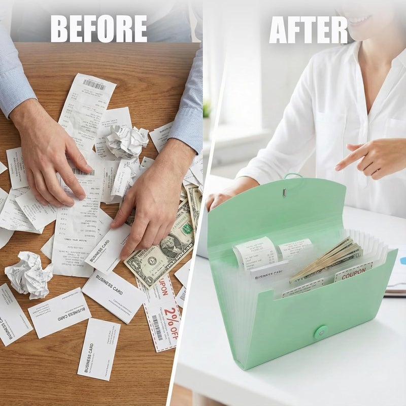 Gtheimn Portable 13-Pocket Receipt & Coupon Organizer, Small Expanding Accordion File Folder with Labels, Long Ticket Size Holder for Bills, Checks, and Travel Documents (10.2" x 5.5"), Green - Image 5